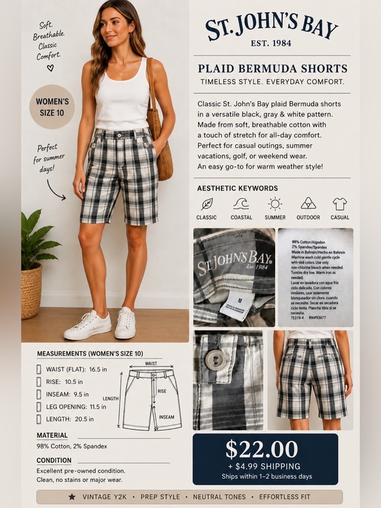 St. John's Bay Pants - St. John's Bay Black and White Plaid Flat-Front Shorts